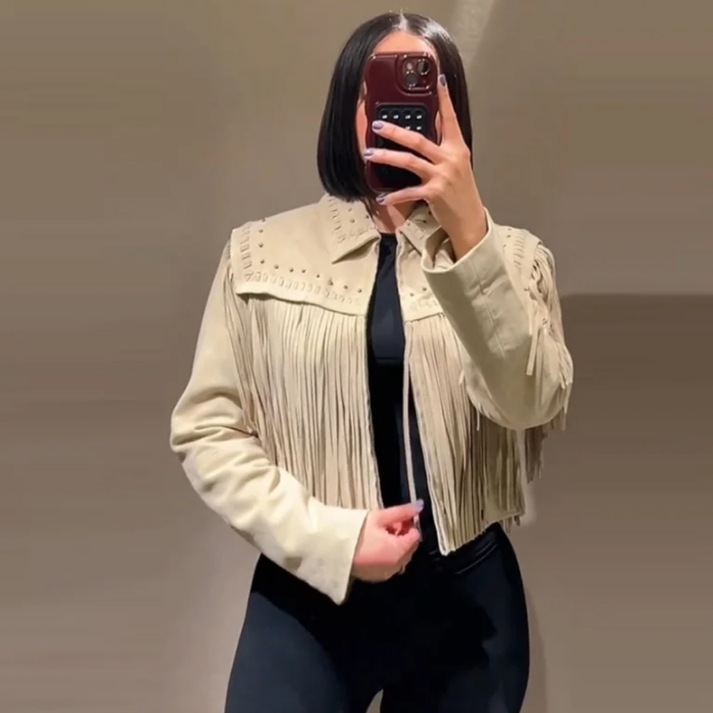 Zara 100% Suede Leather Jacket With Studs And Fringe(Small Damage On Collar)